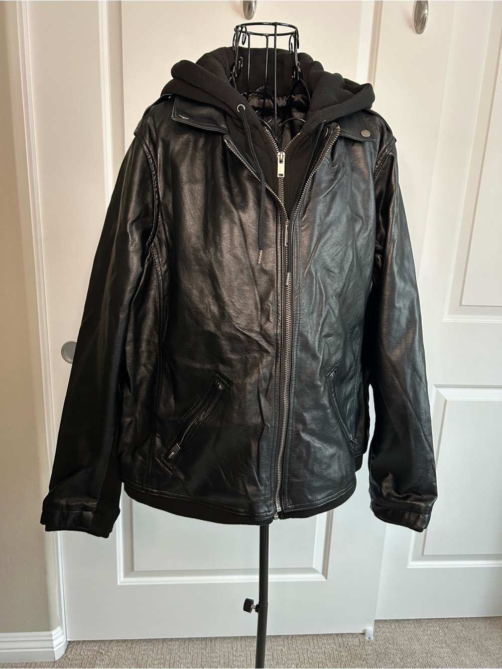 torrid Black Faux Leather Bomber Jacket with Hoodie Layer
